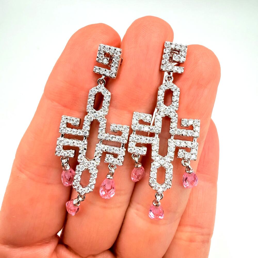 Charles Winston Art Deco Sterling Silver 925 Pink CZ Chandelier Drop Earrings
